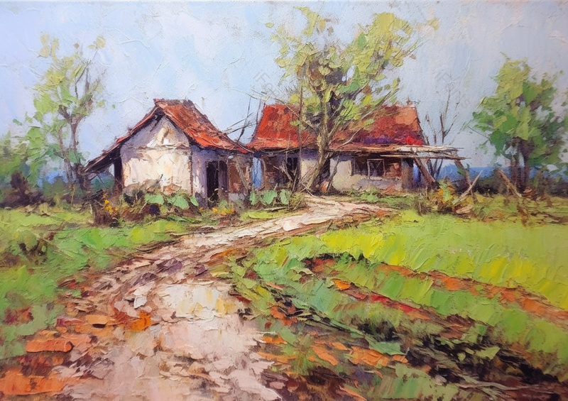 树林里的破旧房屋和小路油画背景,插画/手绘图,插画/手绘图库,插画/手绘图下载,插画/手绘